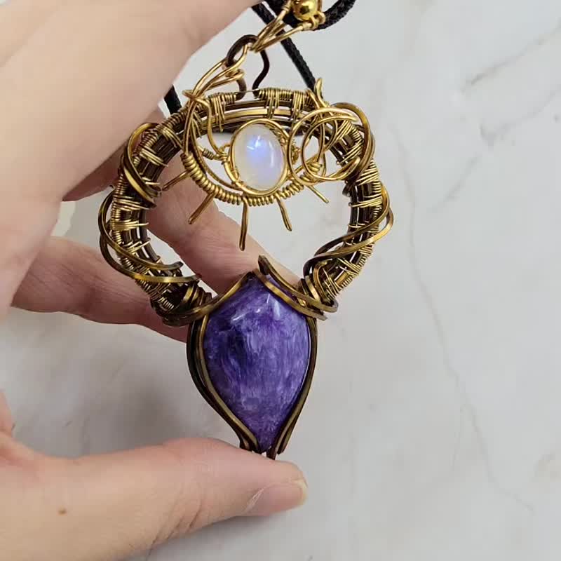 Hand Wound Amethyst Stone BeadSmith Bronze Neck Cord - สร้อยคอ - ทองแดงทองเหลือง 