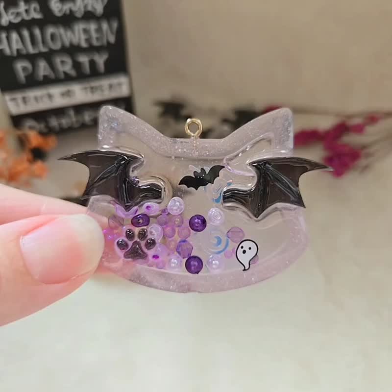 Halloween quicksand charm keychain cat devil cat paw ghost bat pumpkin ghost - ที่ห้อยกุญแจ - เรซิน สีส้ม