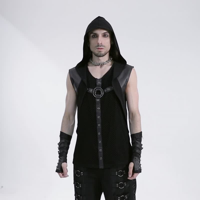 Punk Forest Assassin Hooded Knitted Vest/Sleeveless Top - เสื้อกั๊กผู้ชาย - วัสดุอื่นๆ สีดำ