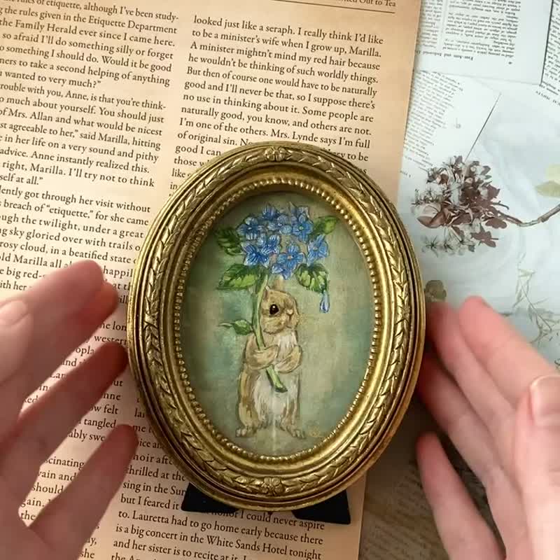 紫陽花の傘とうさぎ　　/原画　絵画 - 海報/掛畫/掛布 - 紙 藍色