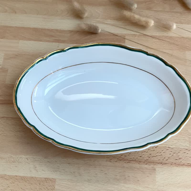 古董橢圓形碟子 | 金色邊框鍍金碟|   19世紀末 - 碗 - 瓷 白色