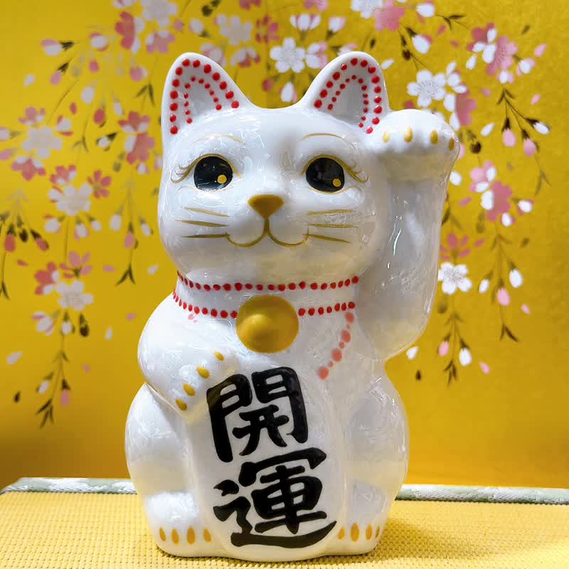 【晶白聚福】日本清水燒招財貓 | 花結晶 白 - 開運 中號 - 擺飾/家飾品 - 瓷 白色