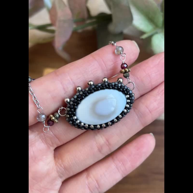 Owyhee Opal 藍蛋白石 串珠吊墜 配 鎖骨鏈 - 項鍊 - 半寶石 黑色