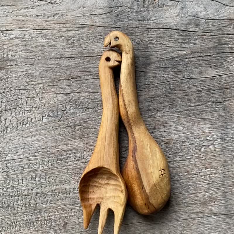 A pair of hand carved and coffee dyed wooden fork and spoon inspired by Nessie - Cutlery & Flatware - Wood Brown