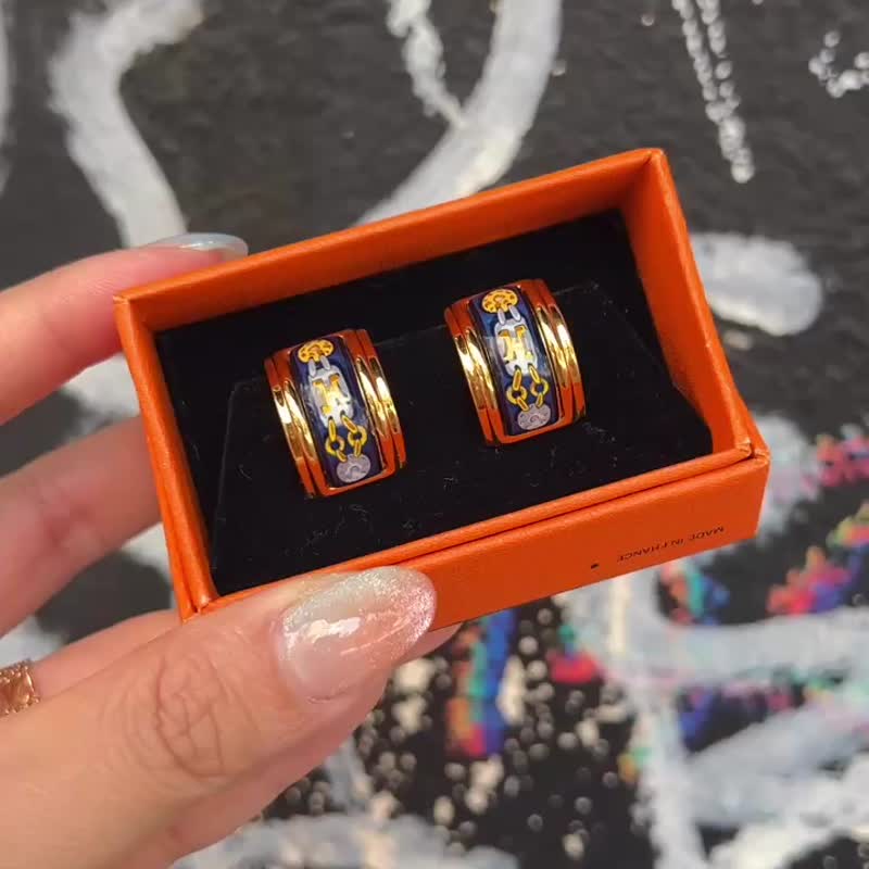 【日本中古】Vintage HERMÈS 七寶燒琺瑯耳夾 原裝盒附 - 耳環/耳夾/耳骨夾 - 其他金屬 藍色