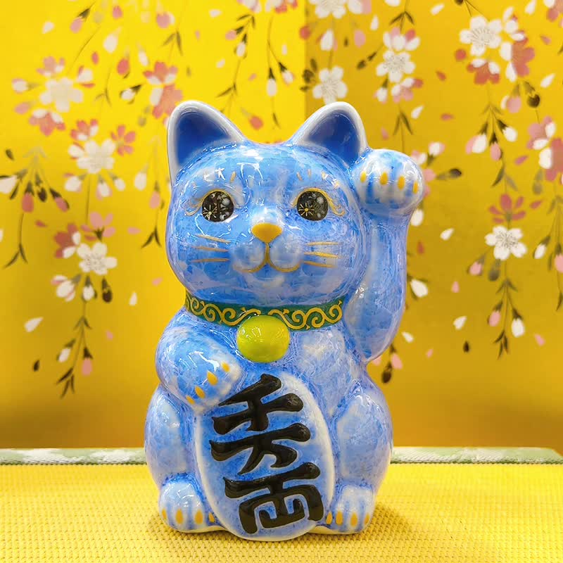 【青晶萬富】日本清水燒招財貓 | 花結晶 青 - 千万両 左 - 擺飾/家飾品 - 瓷 藍色
