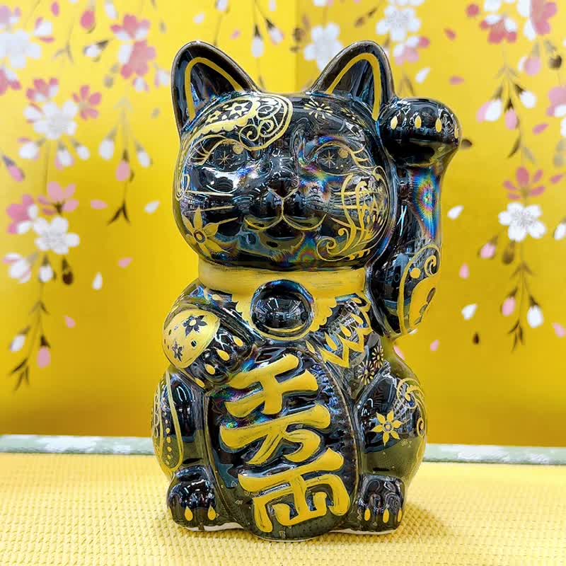 【招福萬金】日本清水燒招財貓 | 星結晶 - 腰果金花 千万両 - 擺飾/家飾品 - 瓷 藍色