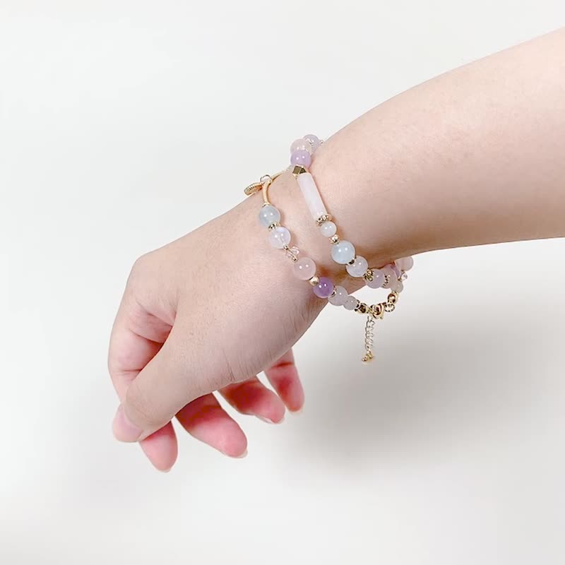Dream Waltz. Double circle model│Amethyst pink quartz aquamarine moonstone crystal bracelet - Bracelets - Crystal Pink