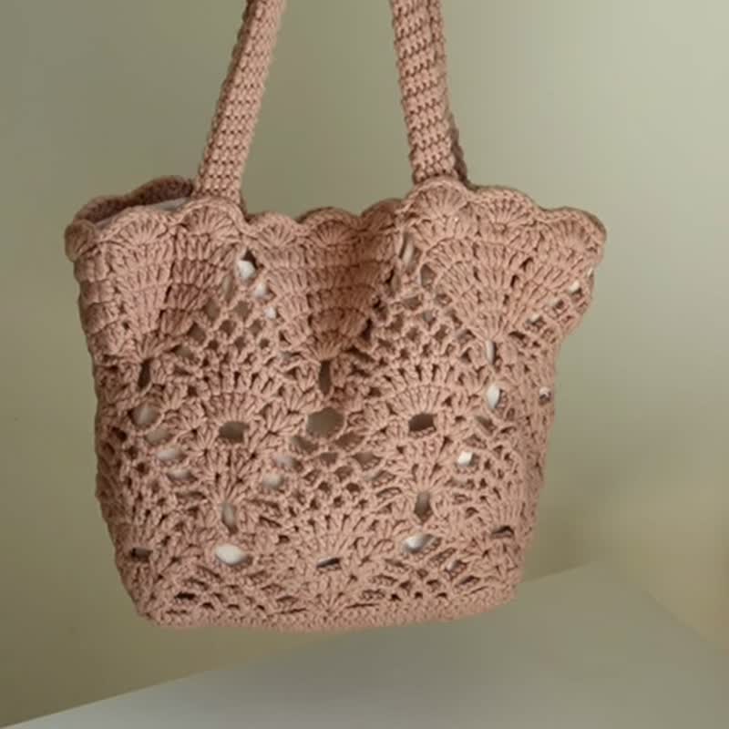 Pineapple flower hollow handbag crocheted woven bag comes with inner lining and inner pocket magnetic buckle can be customized in color - Handbags & Totes - Cotton & Hemp Khaki