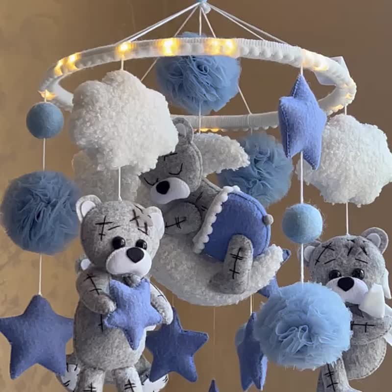 Bear mobile Musical mobile crib Baby shower gift Nursery mobile hot air baloon - Kids' Toys - Other Materials Blue