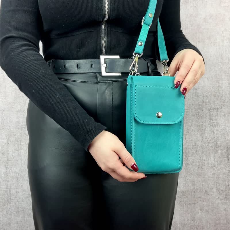 Leather Crossbody Bag for Women/ Mini Messenger Bag/ Shoulder Wallet for Phone - Messenger Bags & Sling Bags - Genuine Leather Blue