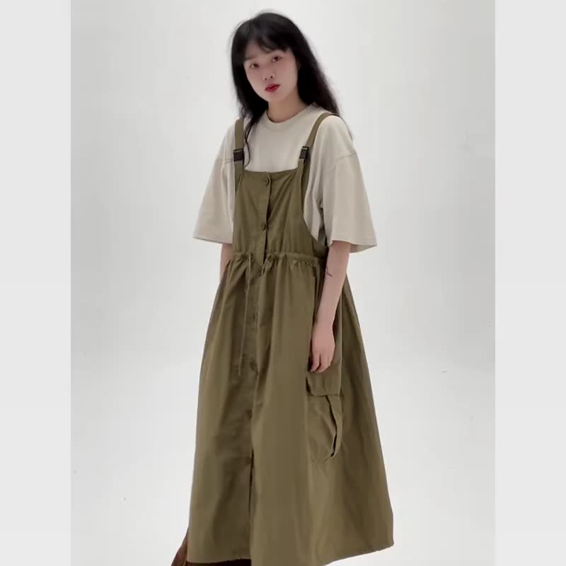 Moss green outdoor overalls dress Japanese workwear style suspender dress loose versatile casual long skirt one size - Skirts - Other Man-Made Fibers Khaki