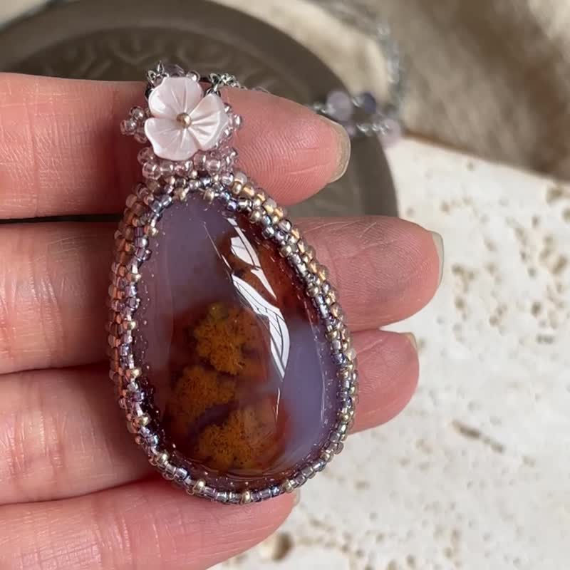 Agate Glass Seed Bead x Natural Stone Beaded Pendant with Gemstone Chain - สร้อยคอ - คริสตัล สีม่วง