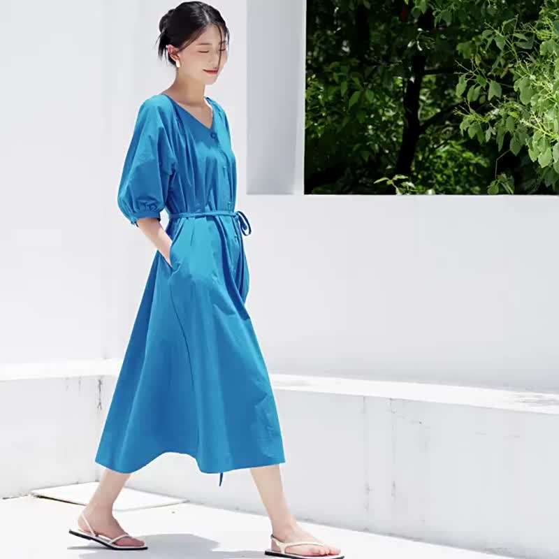 Deep Bamboo Moon Two-Wear Retro Lantern Puff Sleeve Dress Blue Loose Lace Slim Dress - One Piece Dresses - Cotton & Hemp Blue