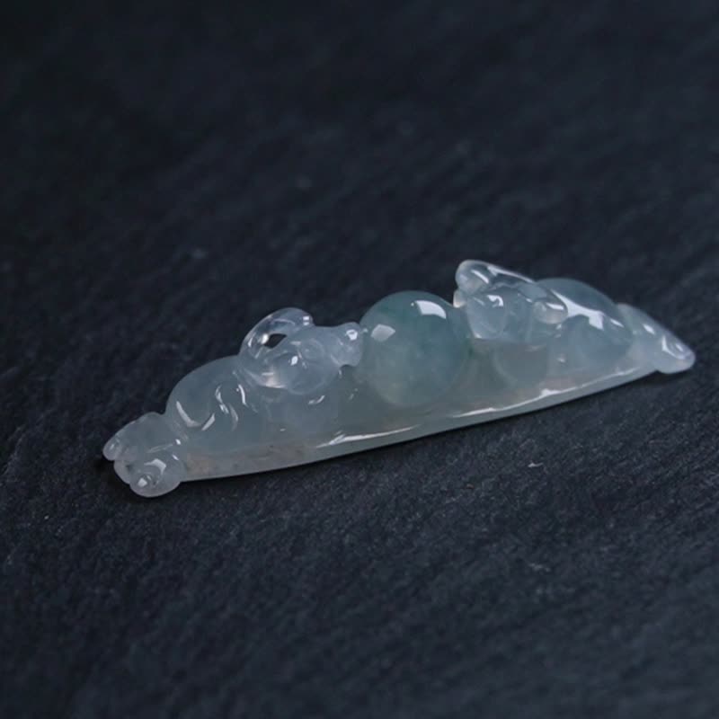 冰種飄藍花翡翠巧雕雙牛如意手牌 | 天然緬甸玉A貨翡翠 | 送禮 - 手鍊/手環 - 玉石 透明