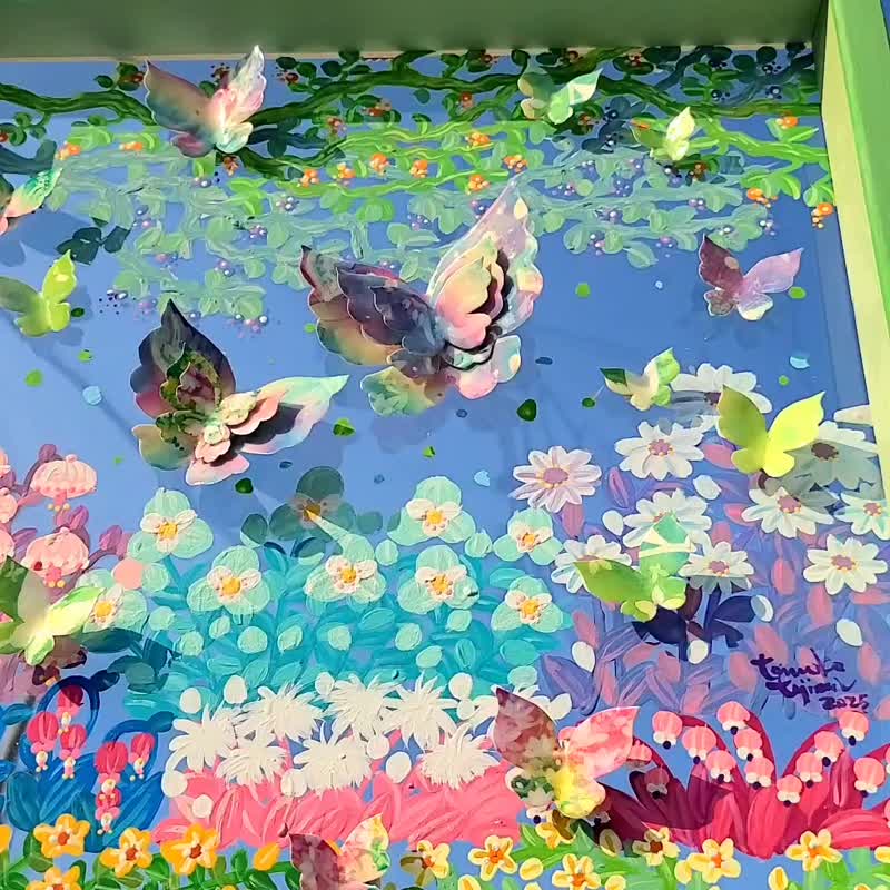 【受注生産/花庭散歩/イエローグリーン】　透明アート　影絵　インテリア　花　蝶々　オブジェ - 海報/掛畫/掛布 - 壓克力 綠色