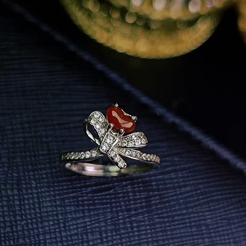 Good Luck·Marriage·Except for Tai Sui|Romantic Bow Ice Red Heart|Myanmar Grade A Jade Sterling Silver Ring - General Rings - Jade 