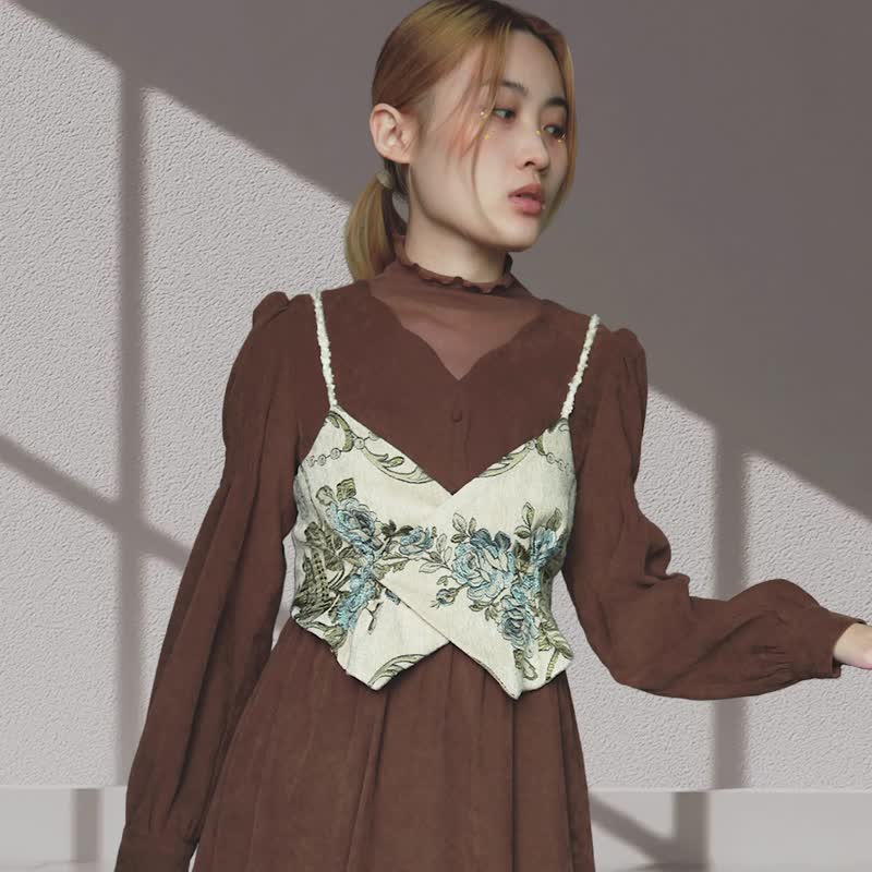 復古女孩緊身束胸衣 | 英倫鄉村風外搭背心上衣 春秋穿搭 - 洋裝/連身裙 - 棉．麻 咖啡色
