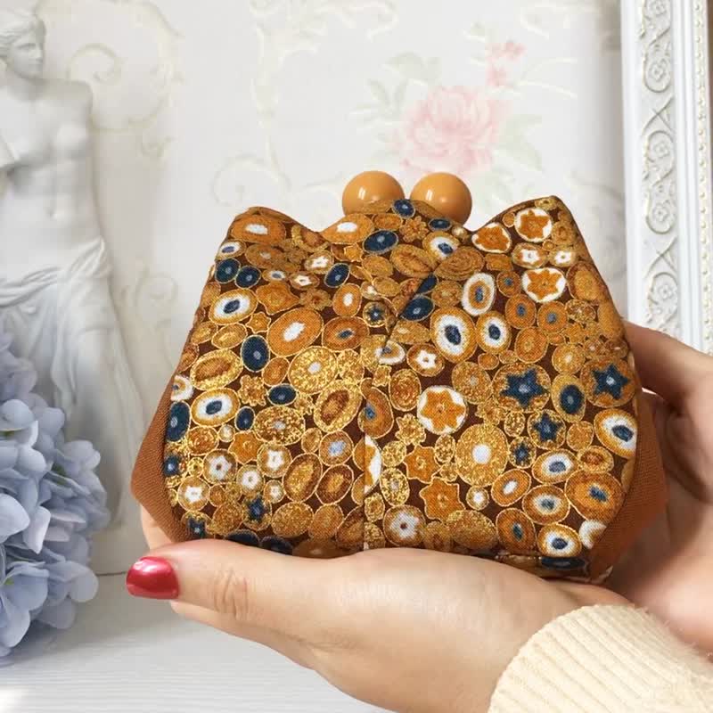Mother's Day gift box Klimt wallet bi-fold short clip wallet flower kiss lock bag - Wallets - Wool Gold
