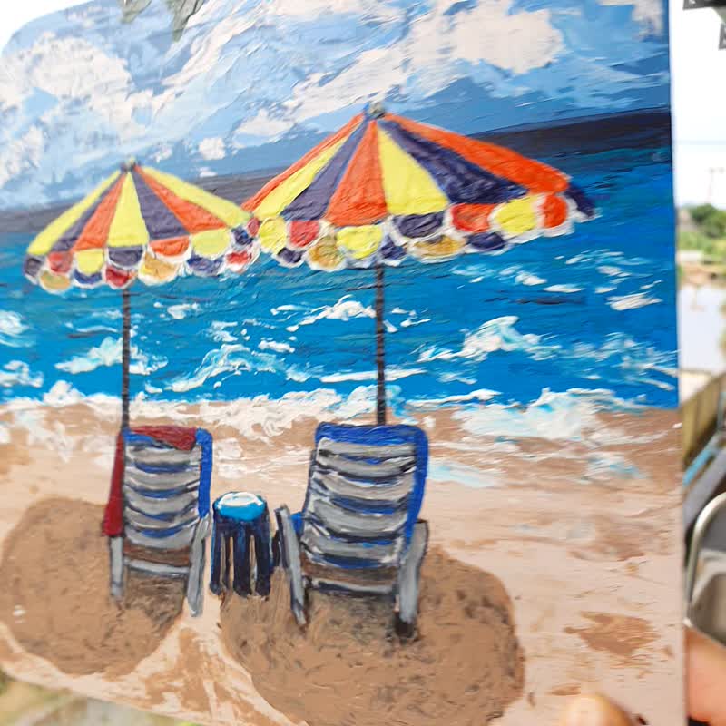 Santa Monica Beach Painting Seascape Original Art Umbrella Nature Chaise Longue - Posters - Other Materials 