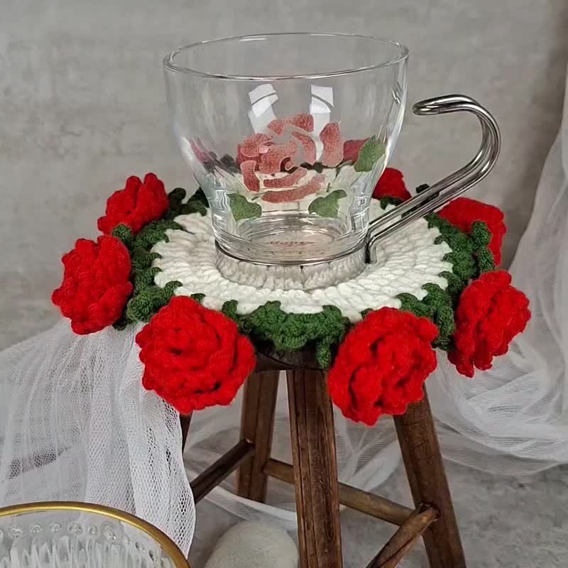 玫瑰盆花杯墊 鉤織杯墊 情人節禮物 母親節 生日禮物 - 杯墊 - 棉．麻 紅色