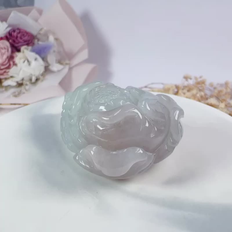 冰種翡翠牡丹花 | 天然A貨翡翠 | 送禮 - 吊飾/掛飾 - 玉石 透明