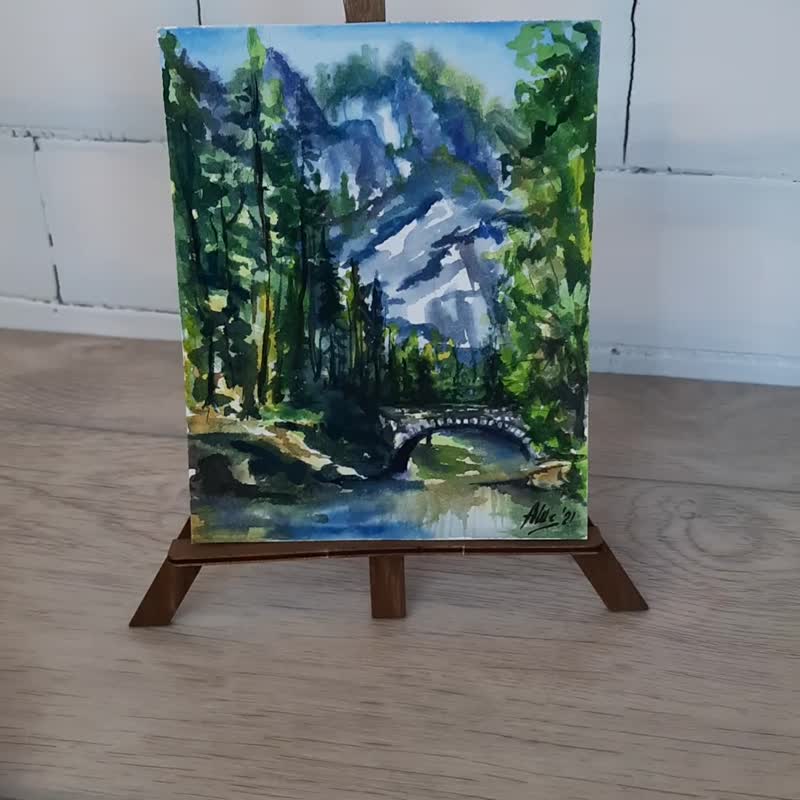 Bridge painting Original watercolor painting Mountain landscape Forest painting - 海報/掛畫/掛布 - 紙 多色