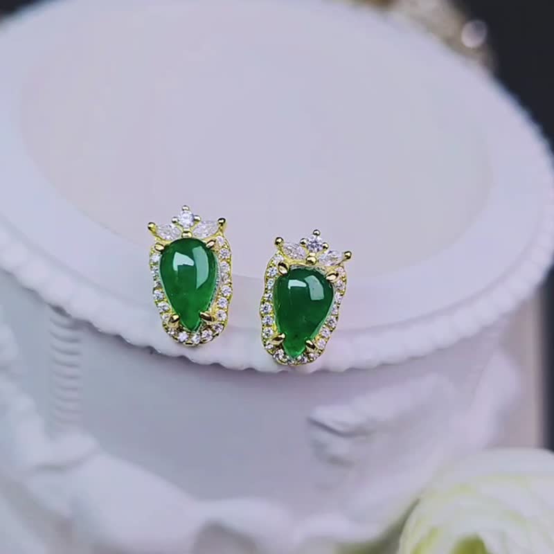 Wealth Pineapple | Ice Glass Green Water Drops | A-Grade Jade Old Pit Type Pure Silver Exquisite Earrings - ต่างหู - หยก 