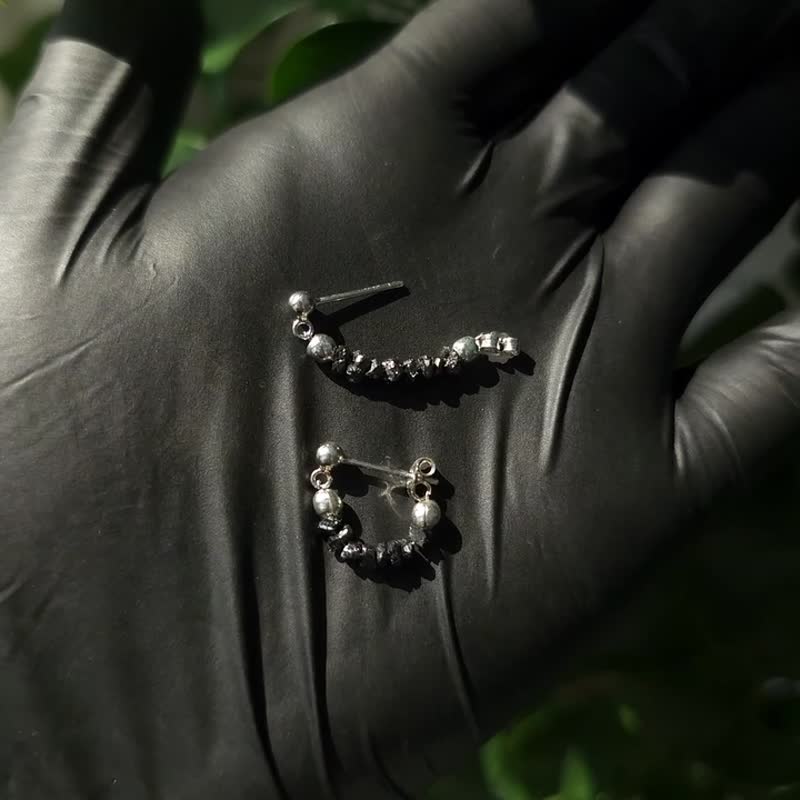 Natural Black Diamond Bracelet Earrings Set Rough Diamond - 耳環/耳夾/耳骨夾 - 純銀 黑色