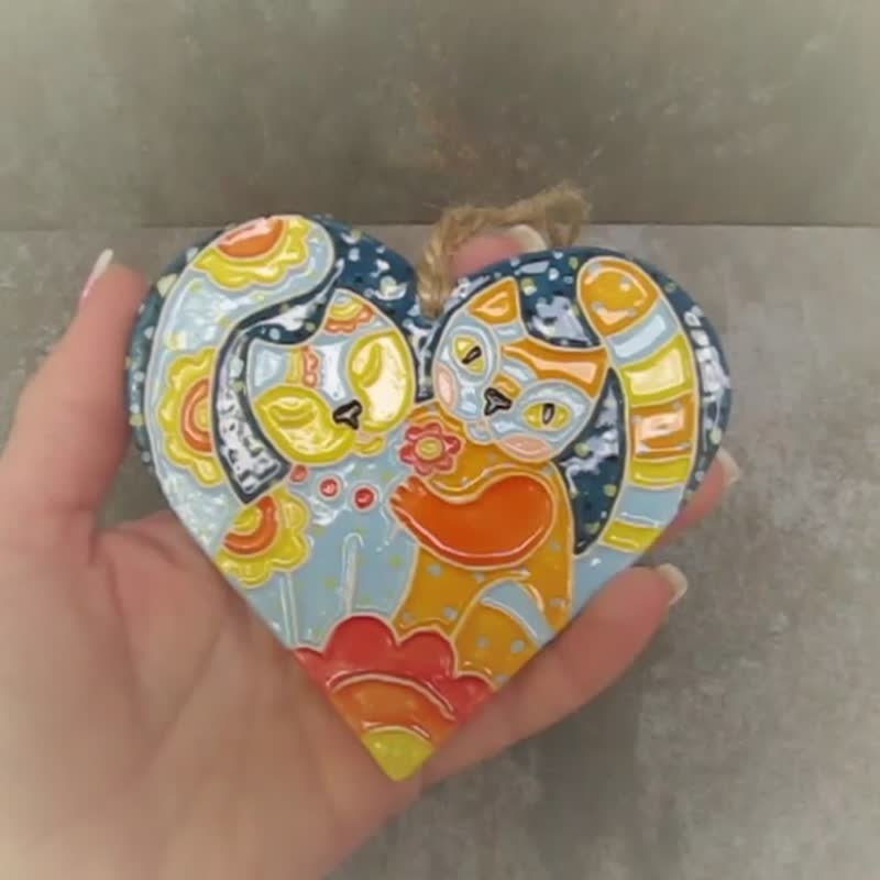 Ceramic cats heart home decor,ceramic heart wall art,heart with cat wall decorat - ตกแต่งผนัง - ดินเผา หลากหลายสี