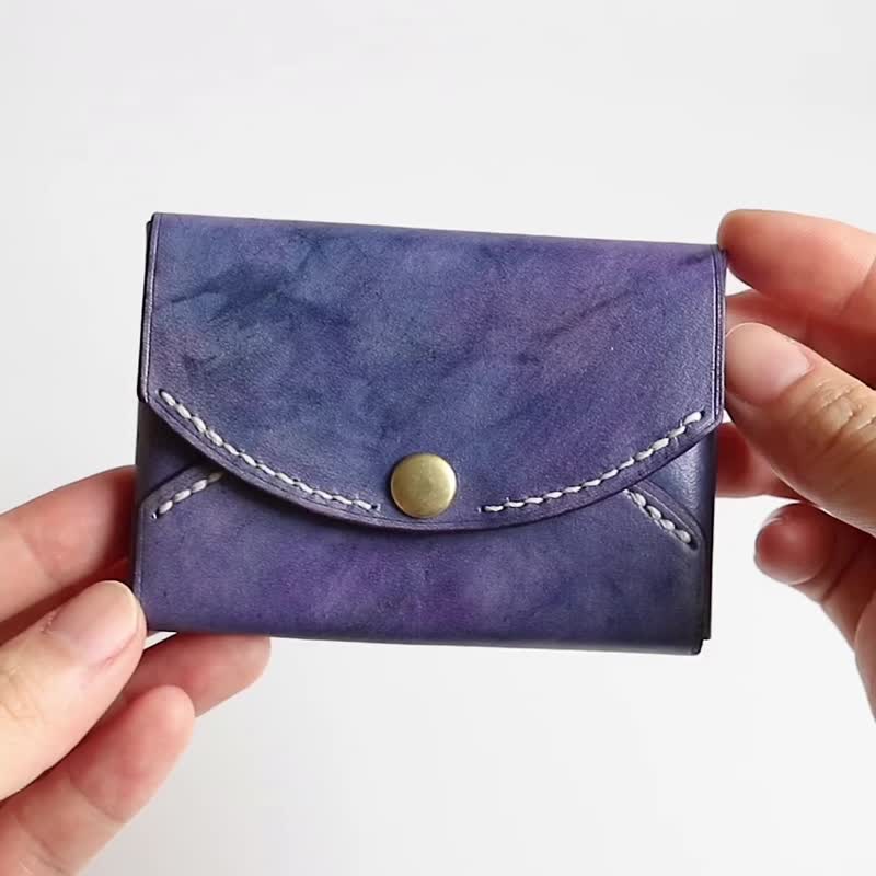 Special hand-dyed Japanese traditional color leather double curved business card box/cassette - Gentian - Card Holders & Cases - Genuine Leather Purple