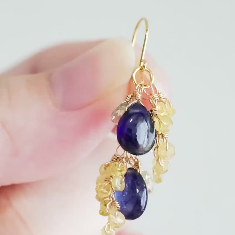 ブルーサファイア イエローサファイア ピアス イヤリング ピアスチャーム - 耳環/耳夾/耳骨夾 - 石頭 藍色