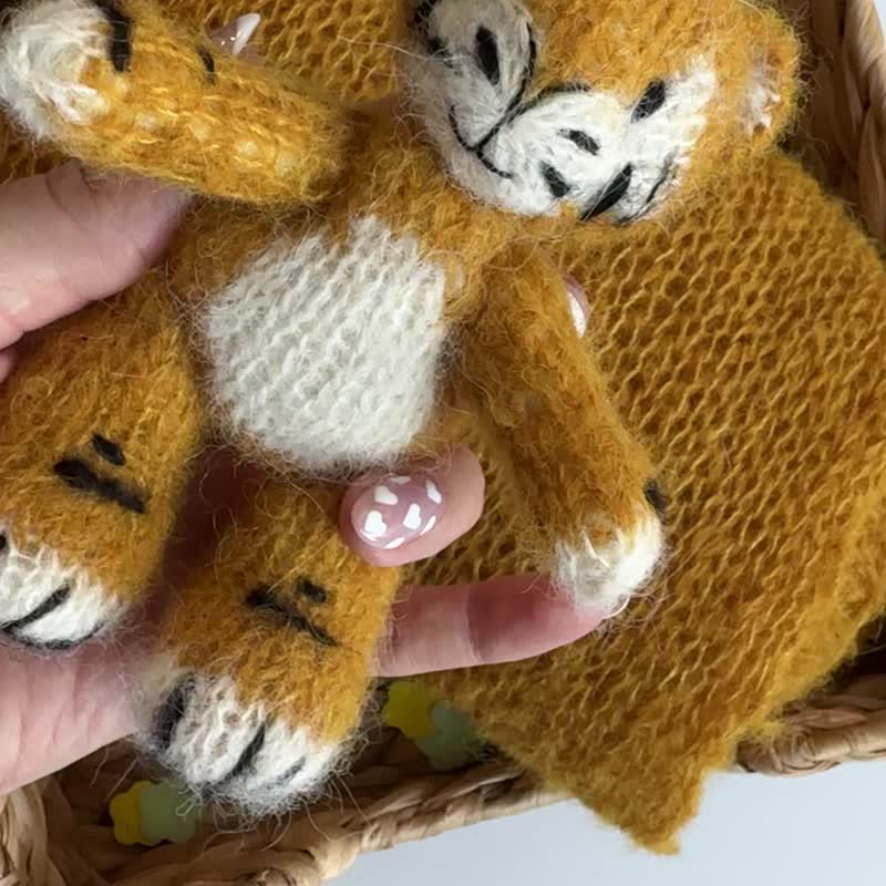 Newborn photo prop set: toy tiger, matching bonnet, wrap - Baby Accessories - Wool Orange