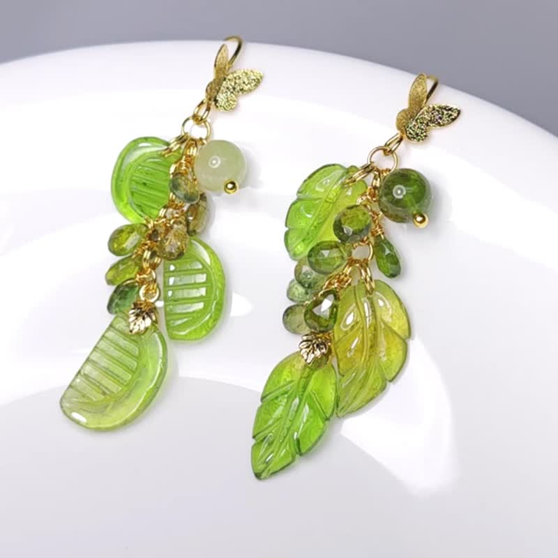 Watermelon tourmaline multi-treasure, all your wishes come true, leaf comb butterfly, career success, blessing earrings - ต่างหู - เครื่องเพชรพลอย สีเขียว