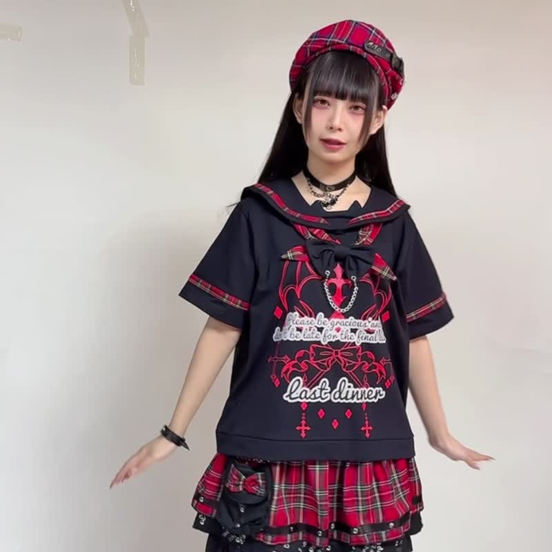 animecore harajuku preppy the last dinner Laced Sailor tee w/ bow tie JJ2496 - เสื้อยืดผู้หญิง - ผ้าฝ้าย/ผ้าลินิน 