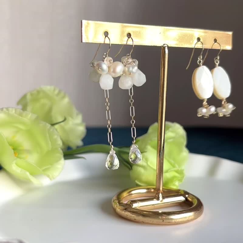 Pure White 14kgf Moonstone Pearl Crystal Quartz Long Earrings - Earrings & Clip-ons - Gemstone White