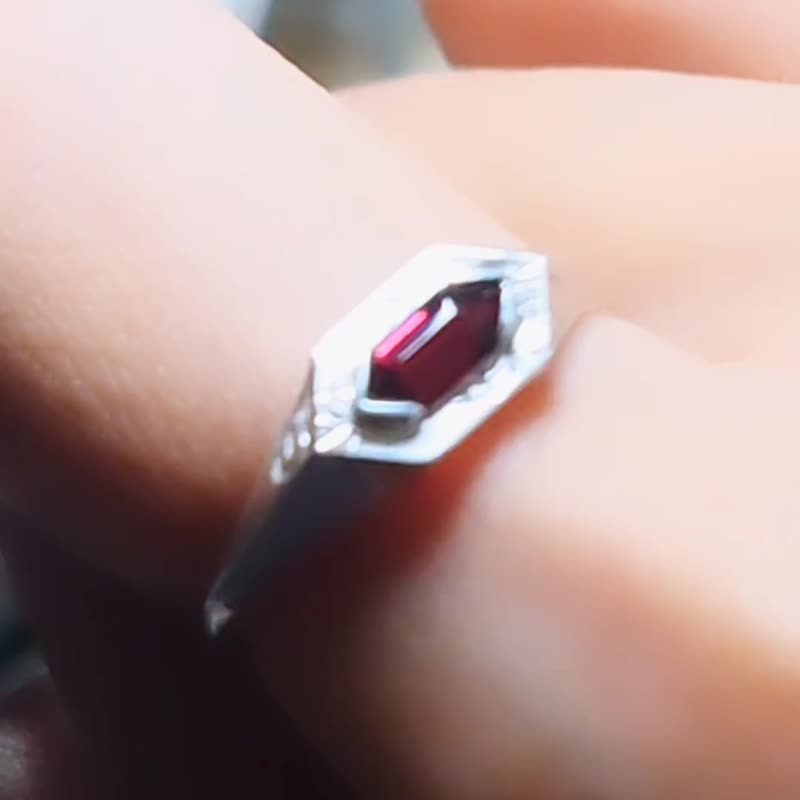 Engraving Long Hexagon Rhodolite Silver Signet Ring - General Rings - Sterling Silver Red