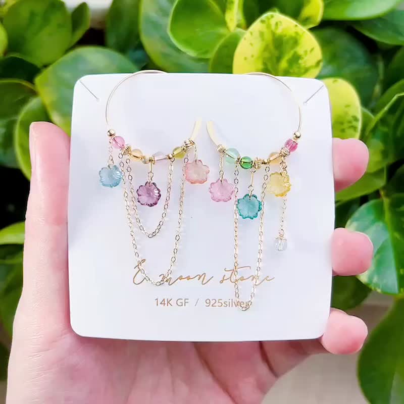 春日莫內花園 頂級全透櫻花碧璽 不對稱耳環 - 耳環/耳夾/耳骨夾 - 半寶石 多色