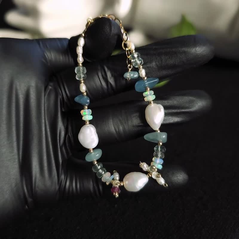 14KGF Aquamarine Pearl Bracelet Earrings Opal Rhodolite - 手鍊/手環 - 純銀 藍色