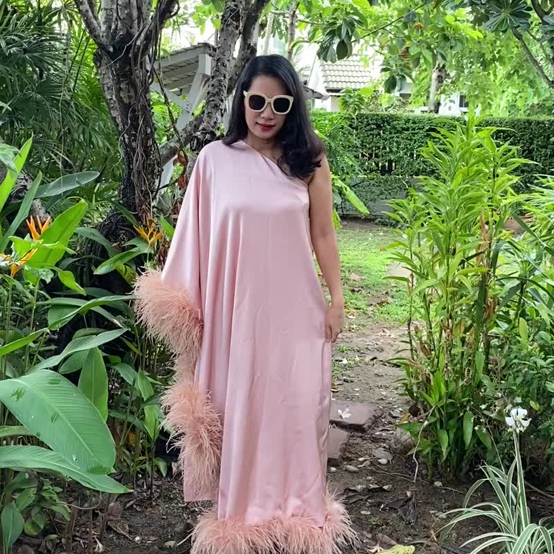 Monique nude color one shoulder maxi dress,Kaftan dress,One the shoulder dress - One Piece Dresses - Polyester Pink