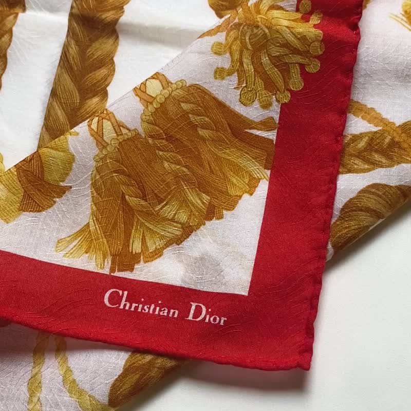 Vintage Christian Dior Gold Rope Tassel Motif Red Handkerchief CD Logo Scarf - Handkerchiefs & Pocket Squares - Cotton & Hemp Red