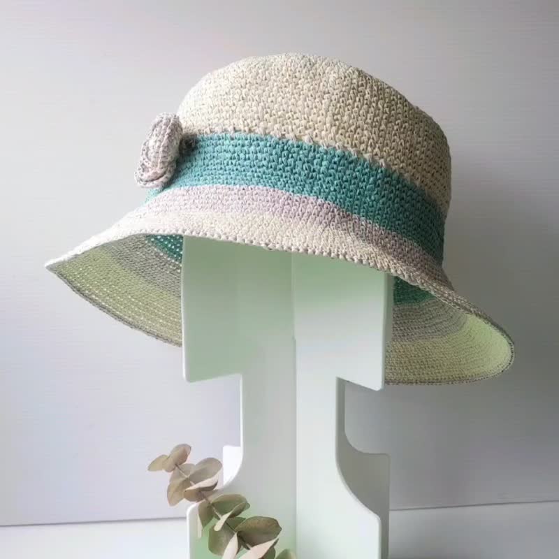 crochet raffia summer hat for woman crochet hat handmade with removable pearlpin - หมวก - กระดาษ สีเหลือง