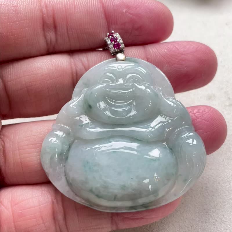 冰糯飄藍花翡翠彌勒佛項鍊 925純銀 | 天然緬甸玉翡翠A貨 - 項鍊 - 玉石 綠色