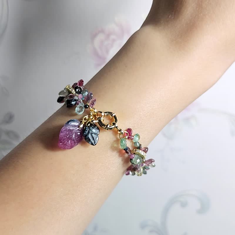 頂級稀有藍西瓜碧璽 水滴 繁花 事業成功 招財 手鍊 單品 禮物 - 手鍊/手環 - 寶石 紫色