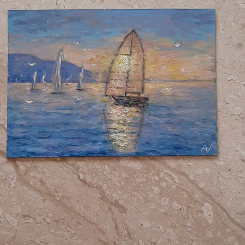 Lake sunset mini oil painting, sailboat original artwork, sea handmade wall art - Wall Décor - Eco-Friendly Materials Multicolor