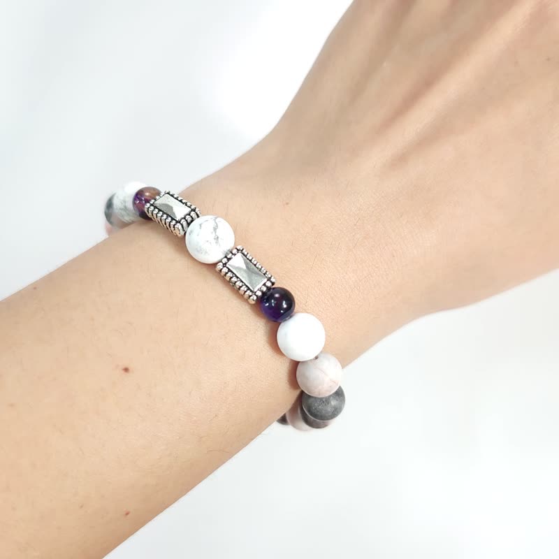 Pink and purple passion (white turquoise/ Stone/purple striped agate/Australian pink zebra) (16cm) - Bracelets - Stone Pink