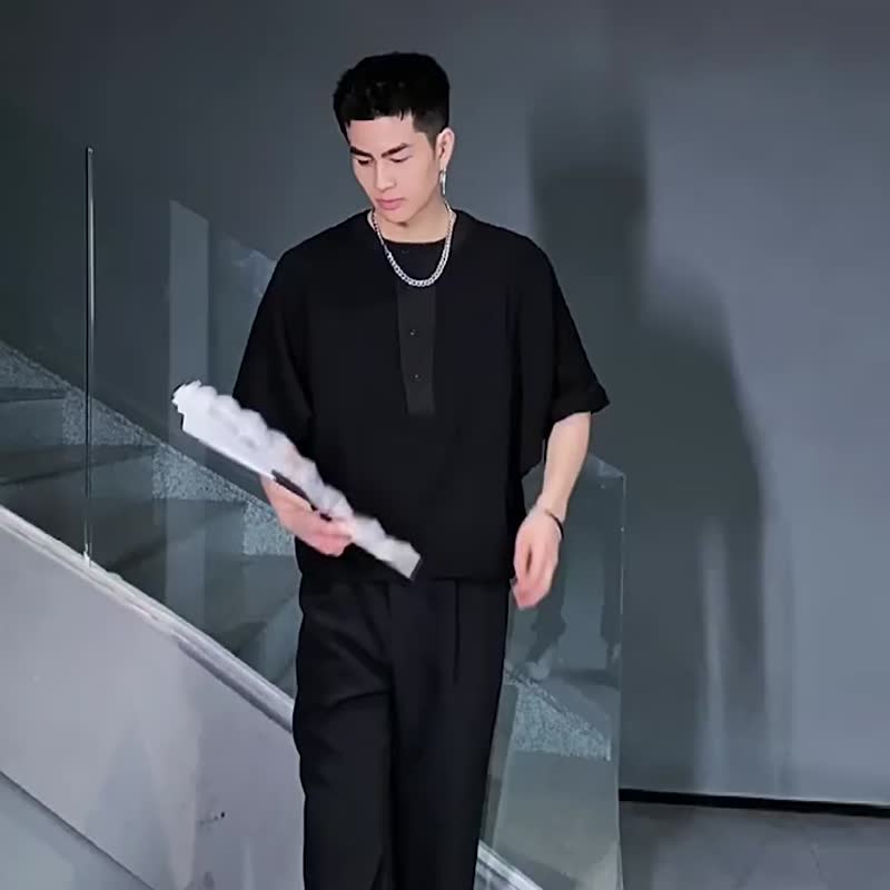夏季華夫格短袖T恤  男士純色拼接休閑上衣 - 男 T 恤 - 聚酯纖維 黑色