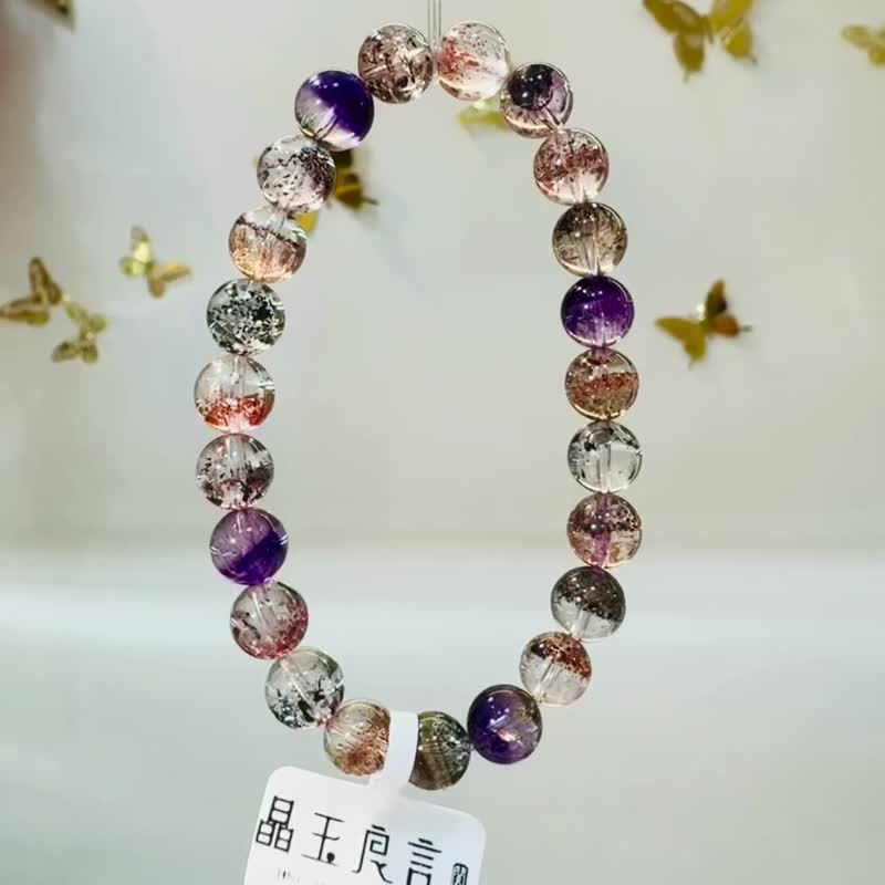 天然玻璃透濃色彩超七水晶8mm17.42g帶彼岸花三輪骨幹水晶黑超七 - 手鍊/手環 - 水晶 多色