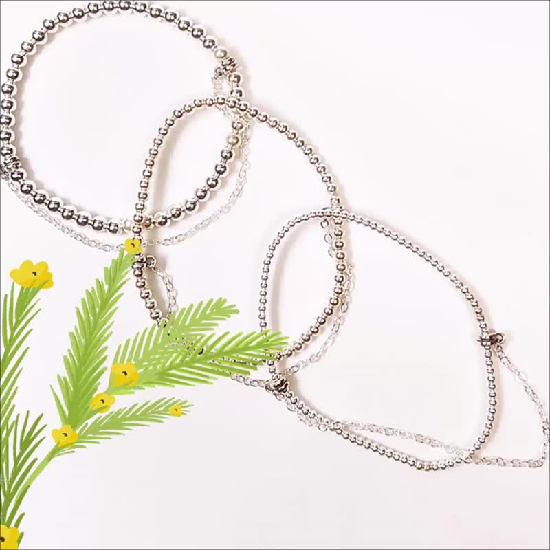 925銀珠x銀鍊層次純銀手鍊 彈性款手串 細鍊寬2mm 3mm 4mm 3選1 - 手鍊/手環 - 純銀 銀色