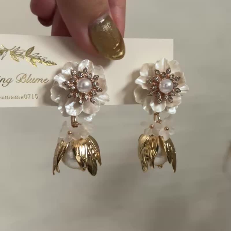 wedding wedding bridal bride flower lover cotton pearl gold - Earrings & Clip-ons - Other Metals Gold